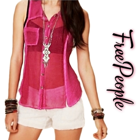 Free People Button Down Top – Rich Pink, Sheer Seam Stripes, Sleeveless Collared - Picture 10 of 10